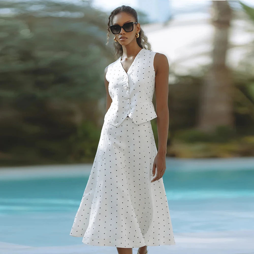 Elegant Polka Dot V Neck Sleeveless Two Piece Set For Women