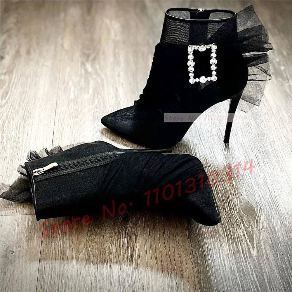 See Through Mesh Crystal Buckle Ankle Booties for Women