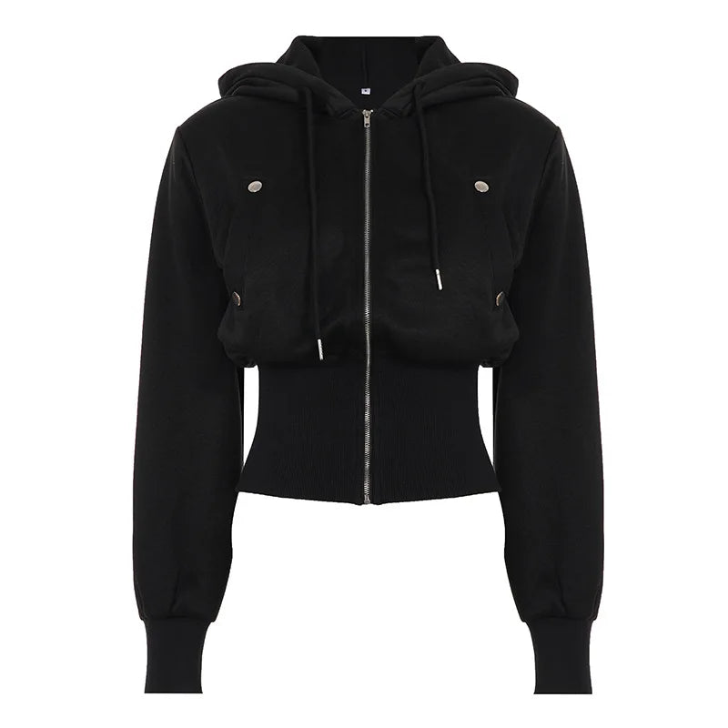 Y2K Winter Fashion Streetwear Women's Black Zip - Up Hoodie With Trendy Casual Long Sleeve Cropped Jacket Style Party
