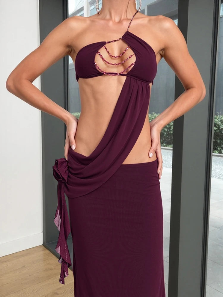 Halter Neck Patchwork Pearl Chain Bodycon Dress for Women