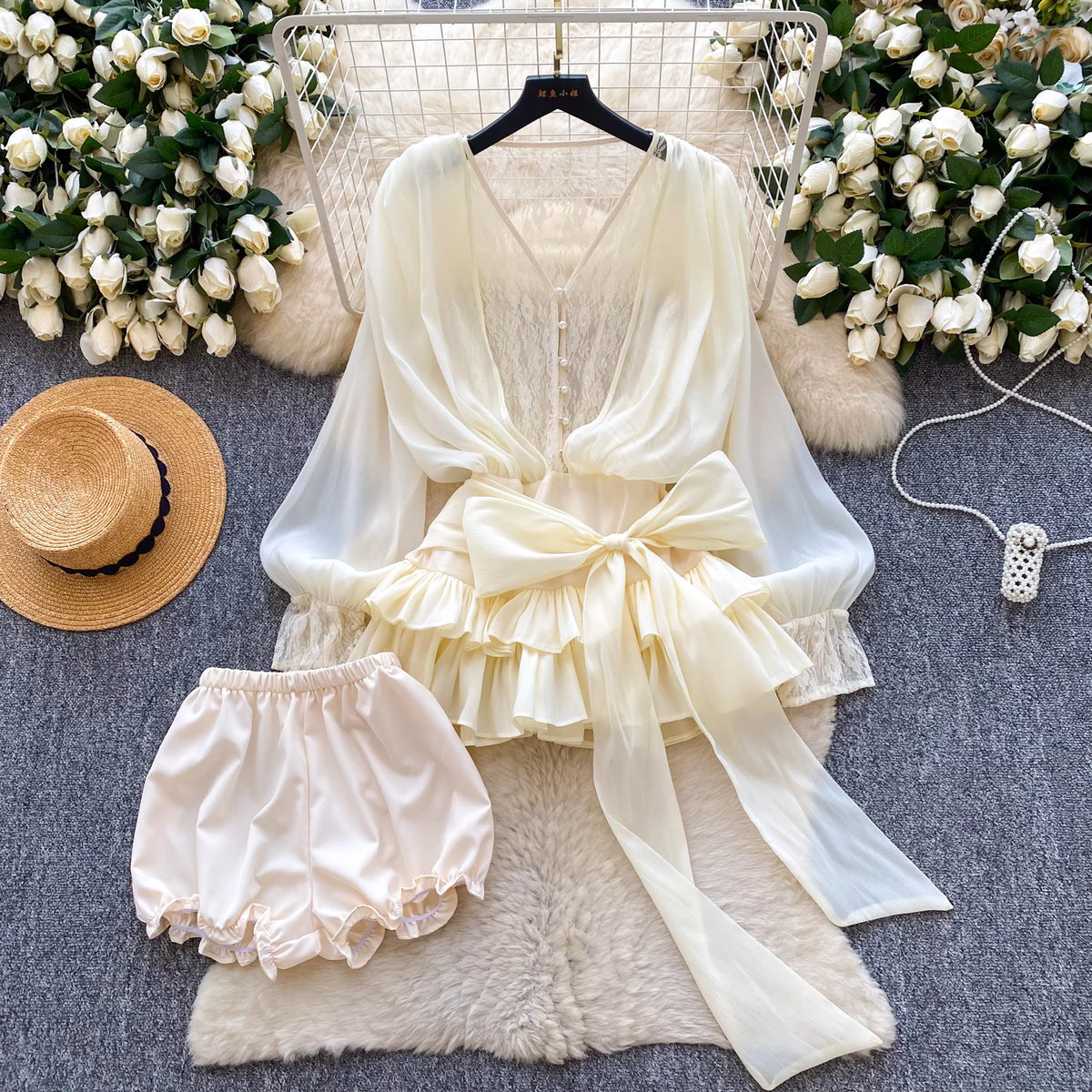 Lace Chiffon Mini Dress With Ruffles and Shorts for Women