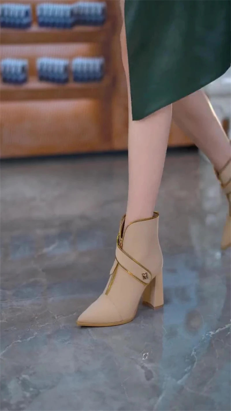 Chunky Heel Pointed Toe Front Zipper Ankle Boots for Women