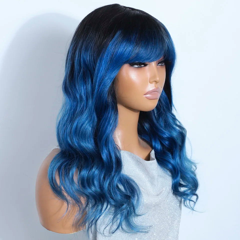 Long Body Wave Human Hair Wig With Bangs for Women