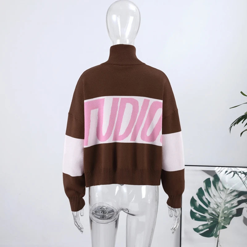 Letter Women 's Sweater Stand Collar Y2k Knit Sweaters For Woman Zipper Full Sleeve Tops Female 2025 Winter Men Jacket Knitwear