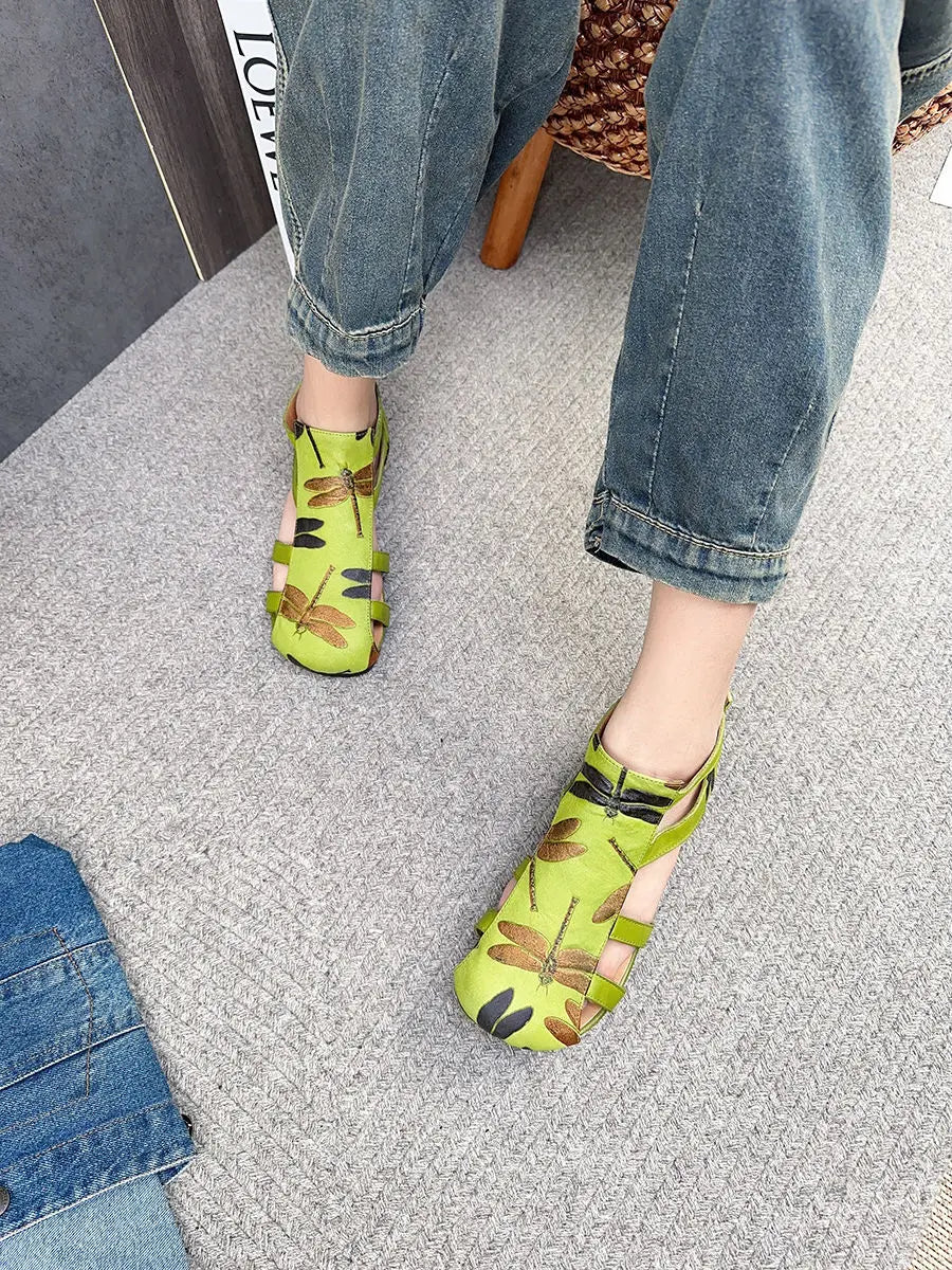 Flat Printed Genuine Leather Roman Sandals for Women