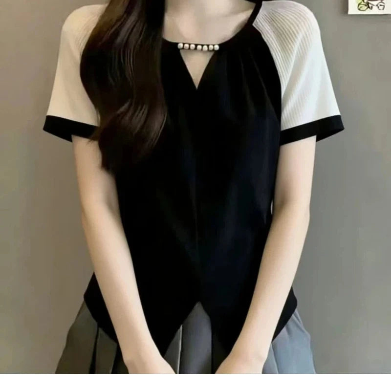 Contrast Patchwork Short Sleeve Casual Blouse For Women