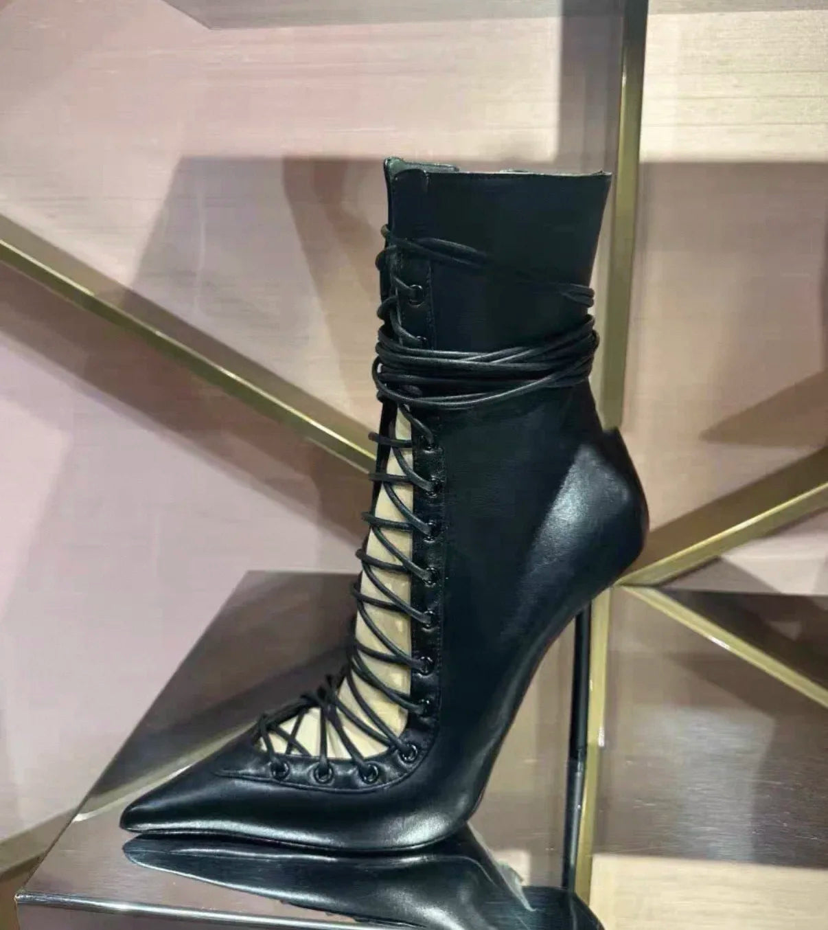 Stylish Brown Pointy Toe Lace Up Mid Calf Boots For Women
