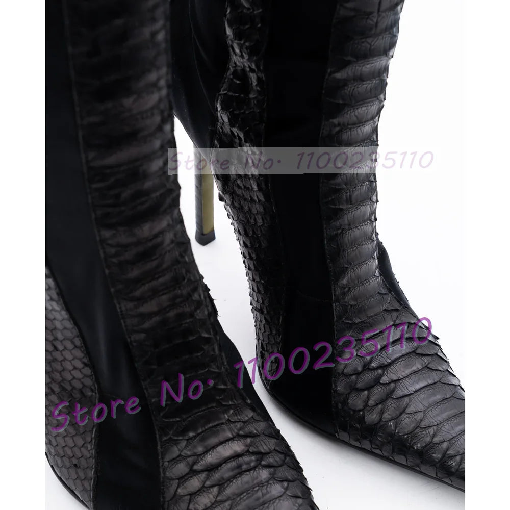 Black Python Leather Splicing Knee High Boots With Slim Stiletto Heel For Women