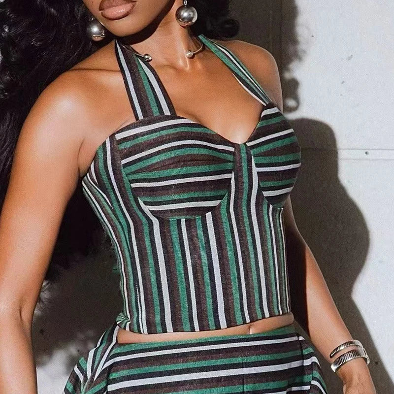 Striped Vacation Halter Backless Top and Half Skirt Set for Women