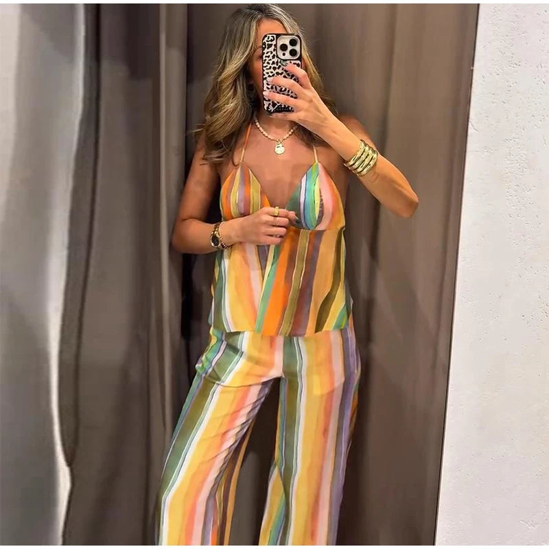 Cotton Striped High Waist Two Piece Summer Set For Women