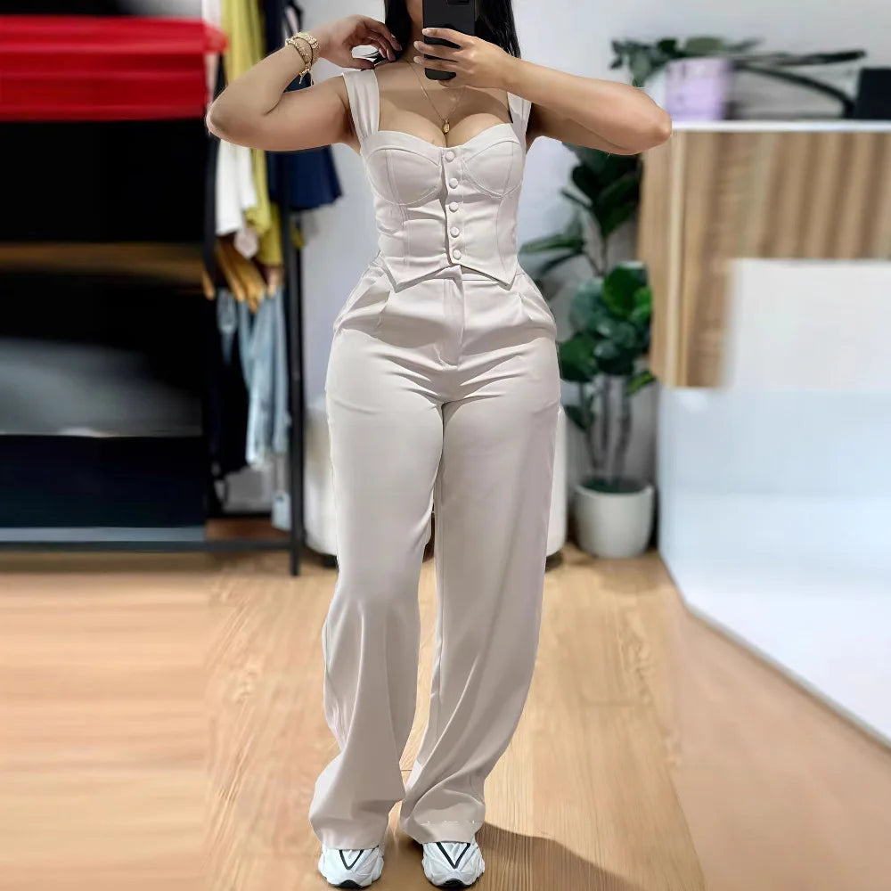Elegant Solid Color Strapless Suspender Vest Trousers Two-Piece Set for Women