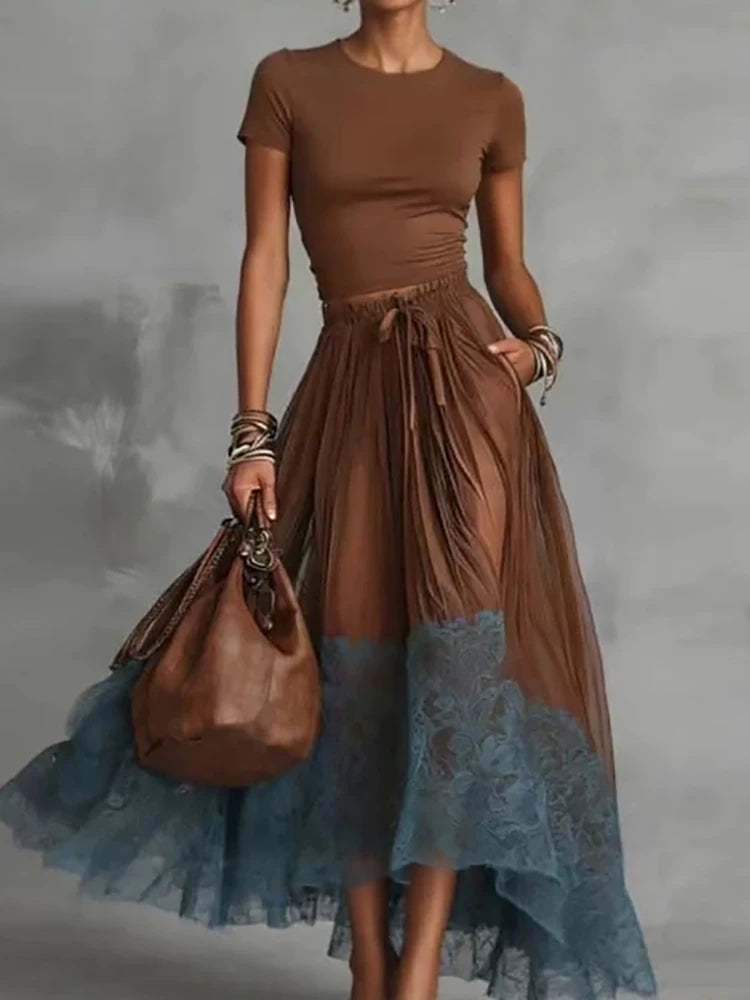 Women's Fashion Drawstring Elasticity Slim 2Pc Set Elegant Pocket Draped Long Skirt Suit O-neck Crop Top & Lace Hem Skirt Outfit