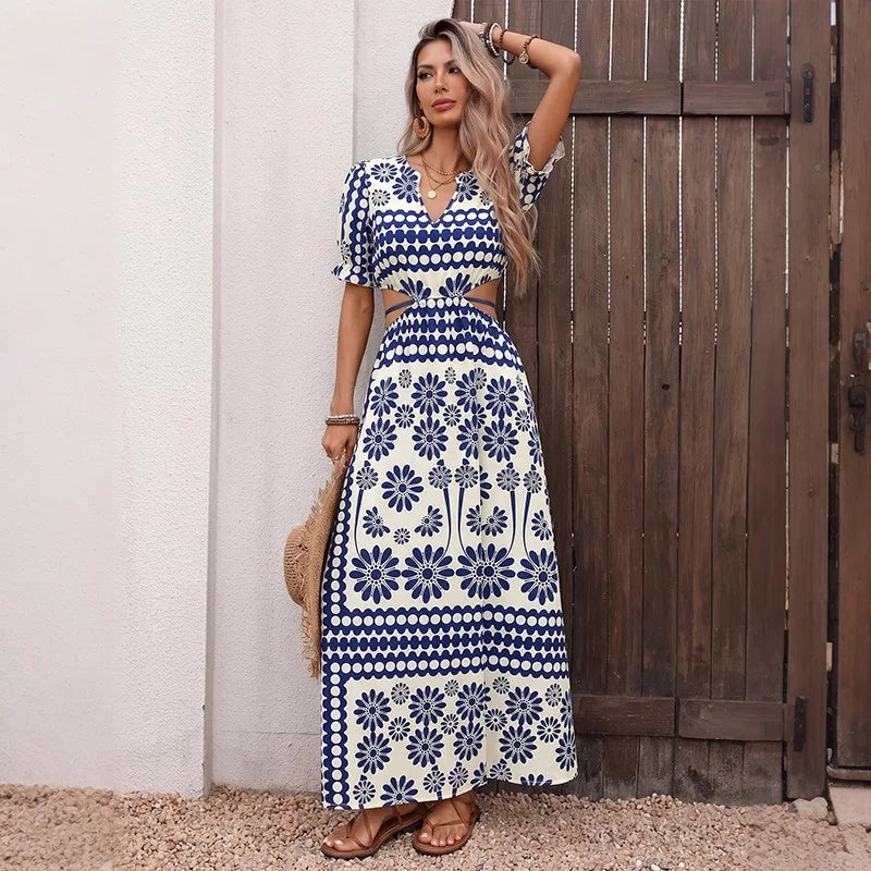 Elegant Retro Print High Waist Hollow Out Midi Dress for Women