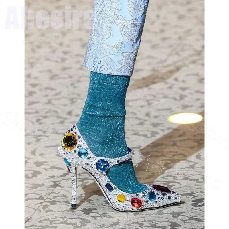 Colorful Crystal Pointy Toe Hook And Loop Fastener High Heel Pumps for Women