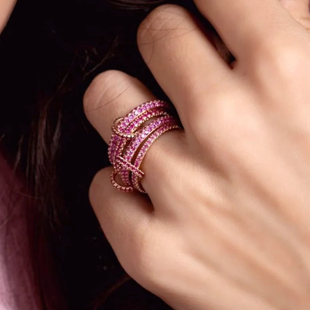 Gold Tone Pink Zircon Stacking Band Rings for Women