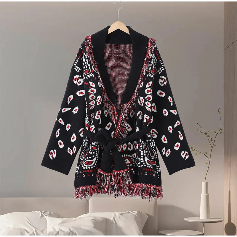 Loose Jacquard Patchwork V-Neck Cardigan With Tassels For Women