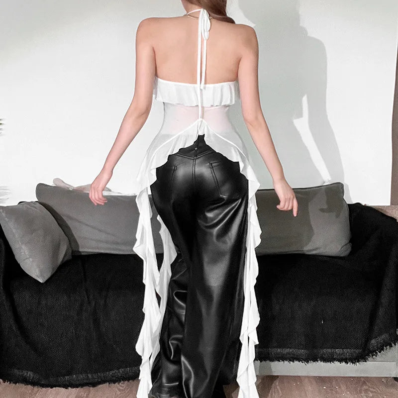 Y2K Sheer Mesh Spaghetti Strap Camisole Top White Ruffle Fringe Halter Tops Coquette Fairy Core Clothes 2024 Fashion