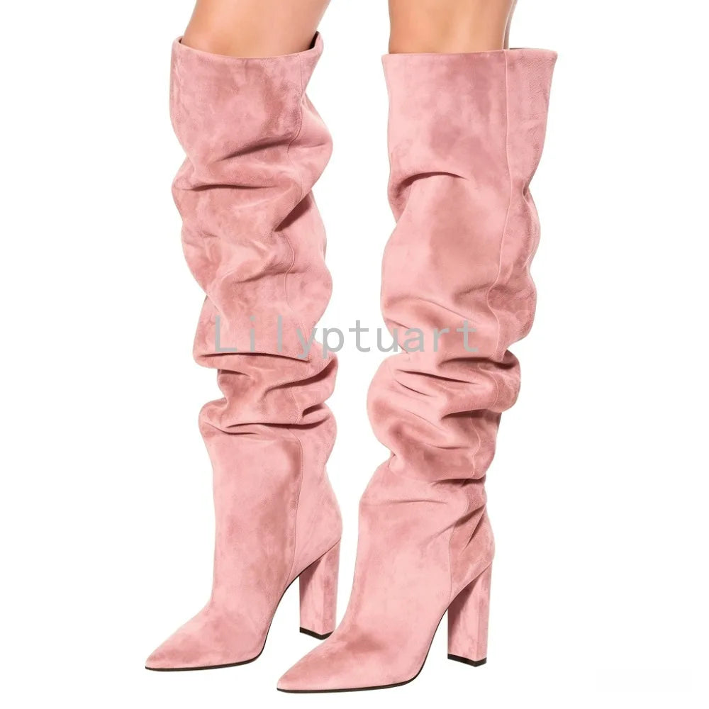 Beige Square Heel Slip-On Over-the-Knee Boots for Women