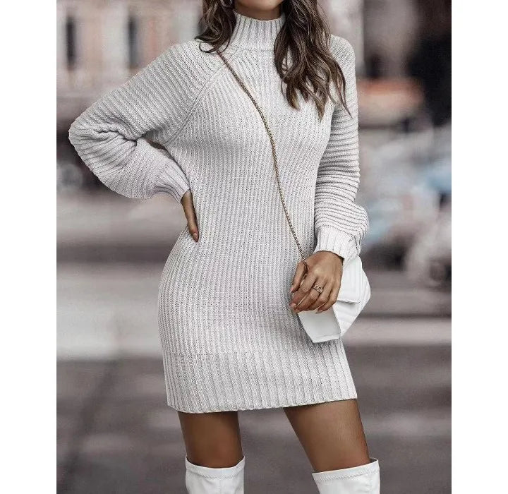 White Knit Lantern Sleeve Dress