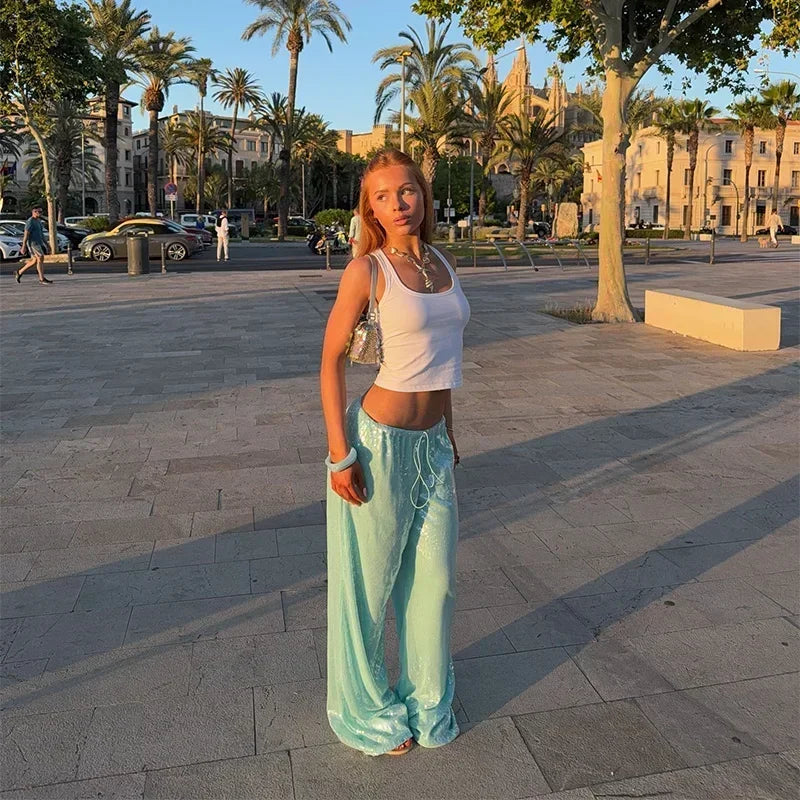 Casual Sequin Pants Women Loose Elastic Waist Wide Legs Trousers Female 2025 Spring Summer Fashion Chic Solid Streetwears Lady