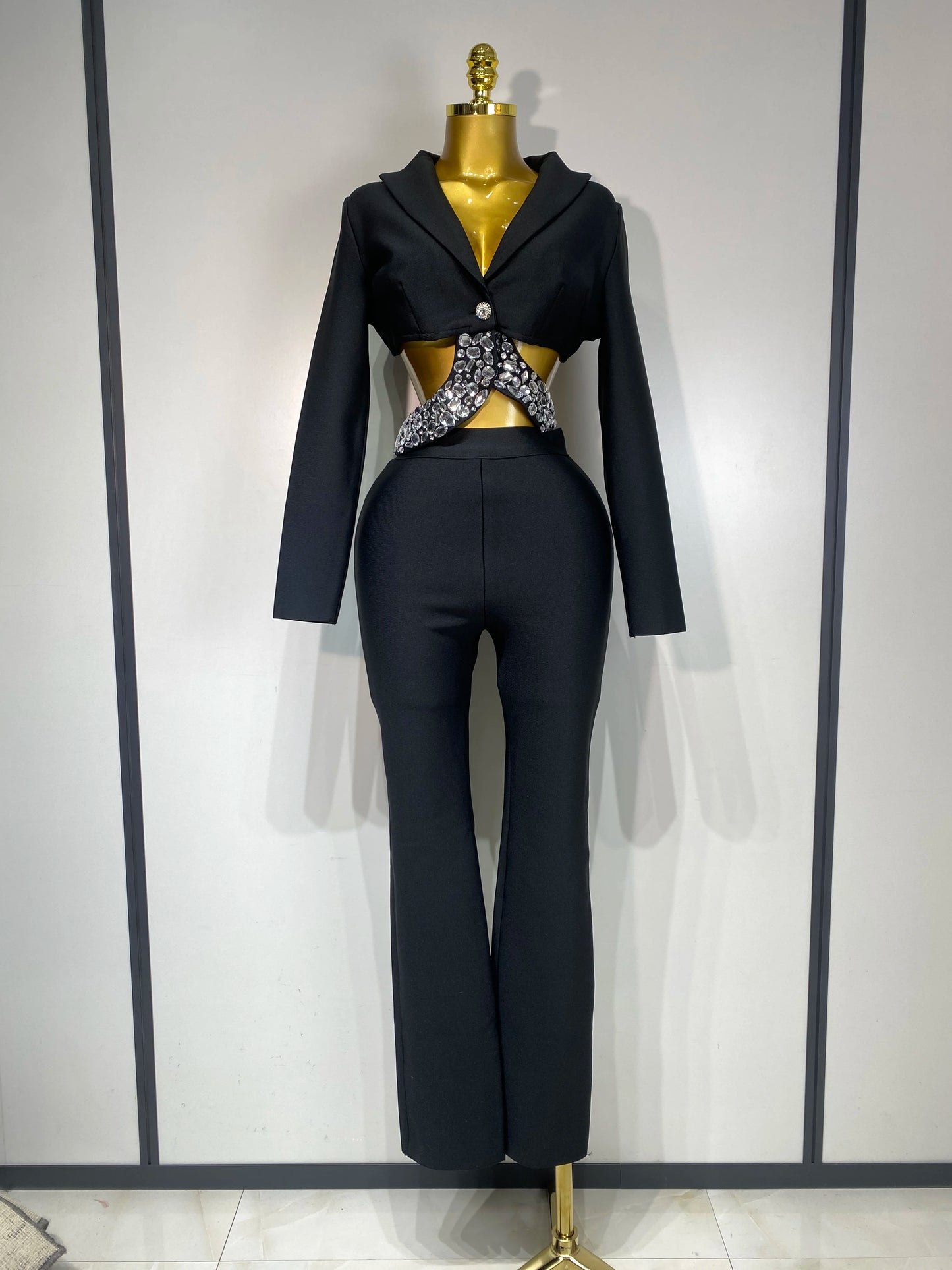 Women Sexy Long Sleeve Beading Bodycon Two Pieces Pants Bandage Set 2025 Celebrity Designer Fashion Women's Luxury Birthday Set