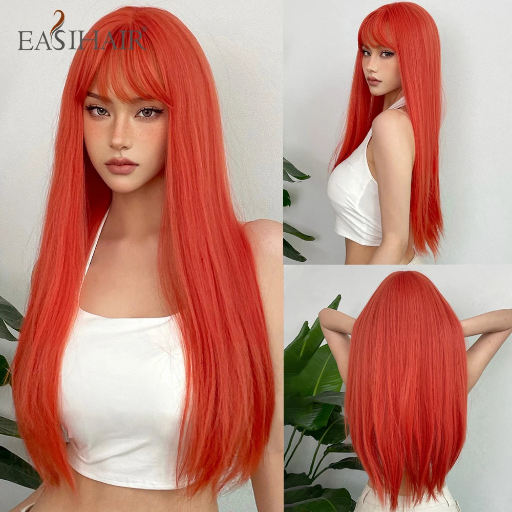 Long Straight Black Synthetic Wig With Bangs for Women