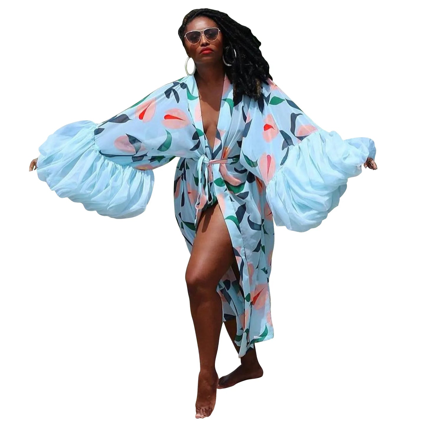 Vintage Floral Printed Chiffon Long Cardigan With Ruffle Sleeves for Women