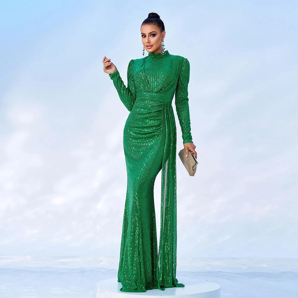 Elegant Sequined O-Neck Long Sleeve Floor Length Dress For Women