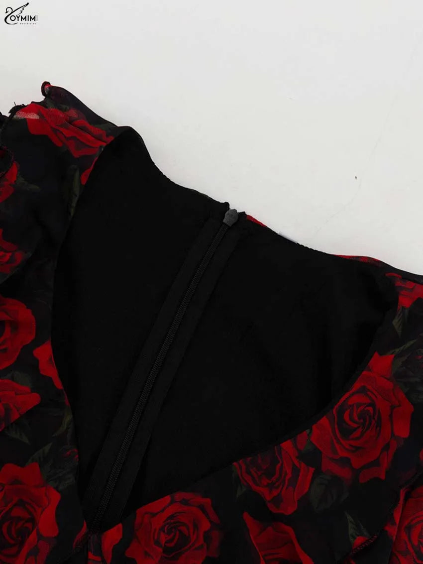 Oymimi Elegant Red Print Womens Dresses Fashion V-Neck Long Sleeve Button Dresses Casual High Waisted Ruffled Mini Dress Female