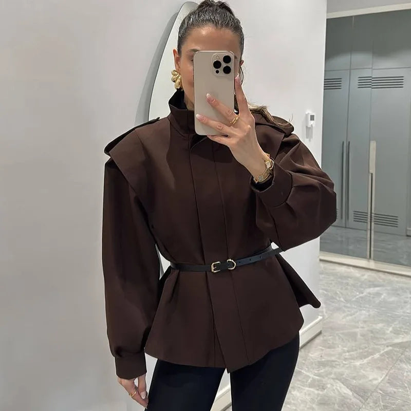 Elegant Short Trench Coat With Stand Collar for Women