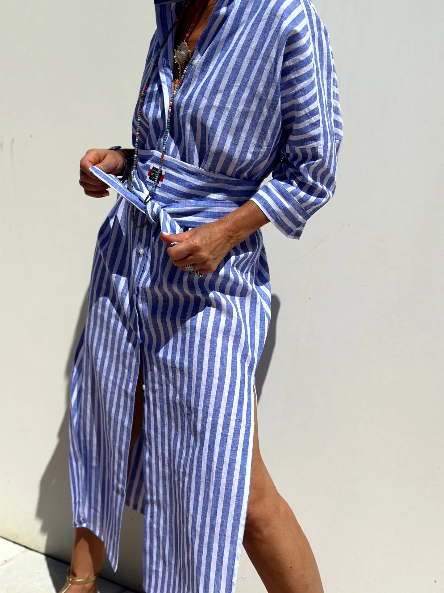 Striped Belted Ankle Length Half Sleeves Lapel Dress for Women