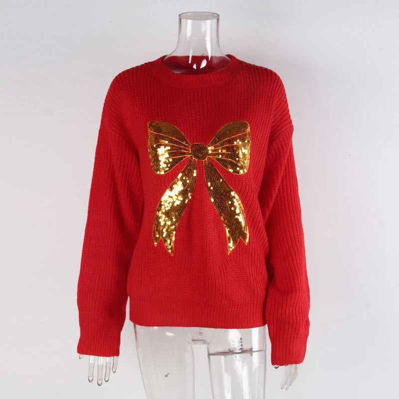 Casual Bow Print Knit Texture Long Sleeve Sweater for Women