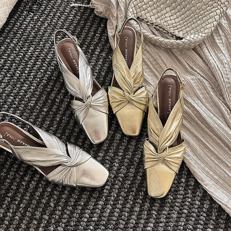 Handmade Real Leather Bowtie Square Heel Slingback Sandals for Women