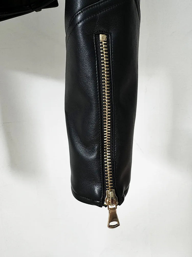 Double Breasted Faux Leather Motorcycle Jacket for Women
