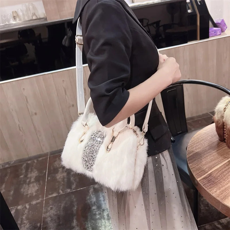 Original Designer Brand Rabbit Hair Bag New Fashion Leather Handcarry Shoulder Crossbody with Diamond Hair Bags for Women