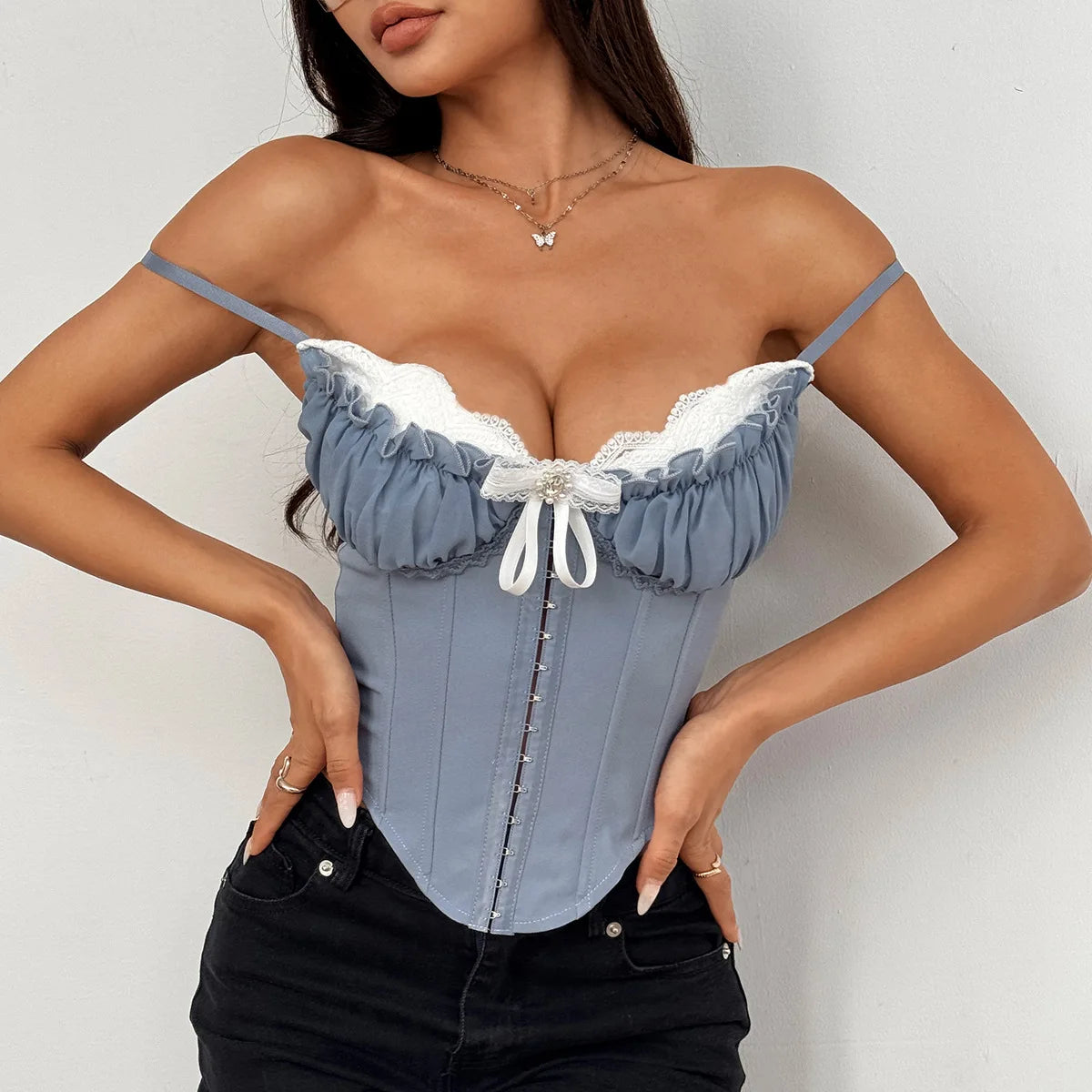 Sheer Lace Trim Spaghetti Strap Corset Top for Women