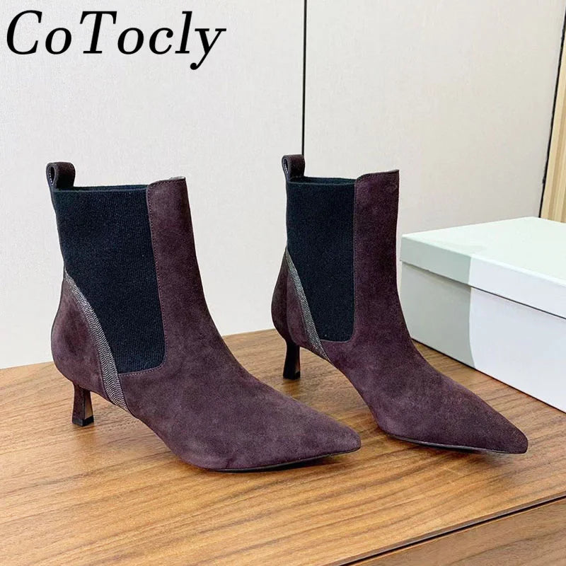Pointed Toe Kitten Heel Suede Ankle Boots For Women
