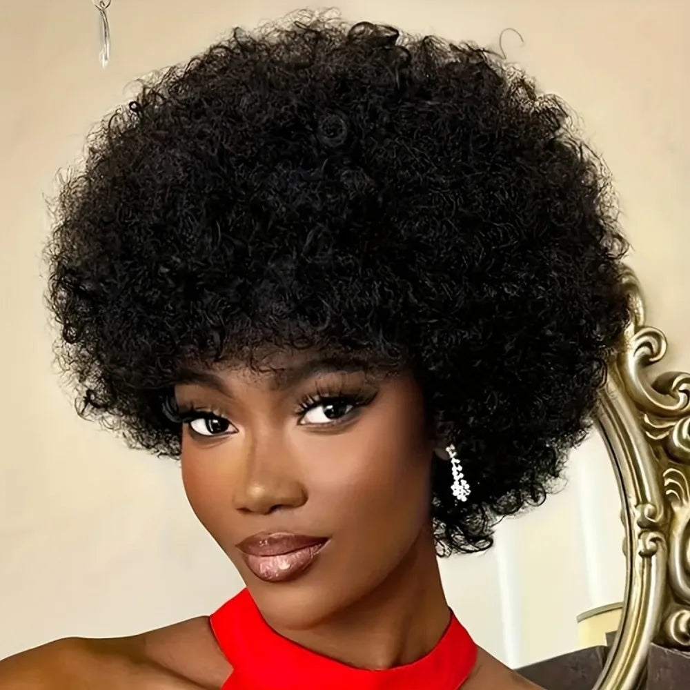 Short Afro Kinky Wave Pixie Human Hair Wig Natural Black for Women