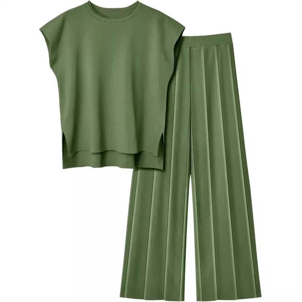 Summer Soft Knit Sleeveless Vest and Wide Leg Pants Set for Women