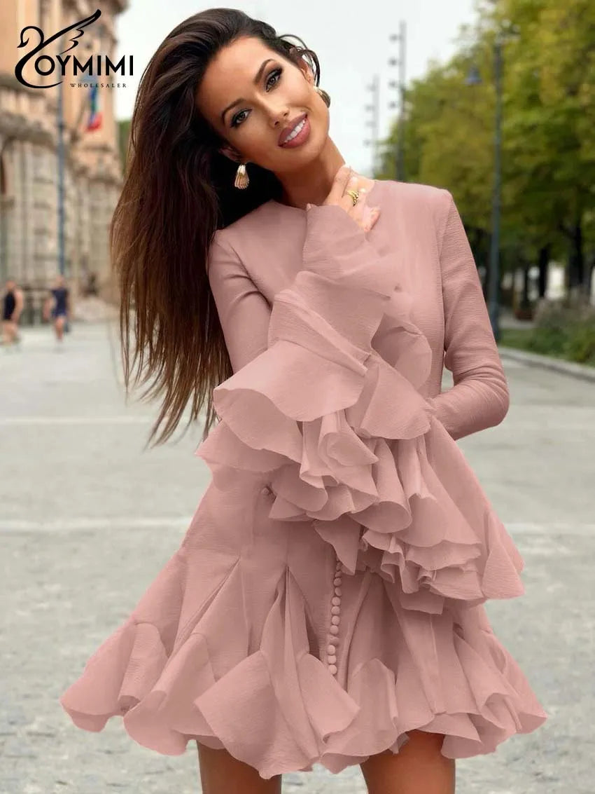 Oymimi Casual Pink O-Neck Women's Dress Fashion Petal Sleeve Single Breasted Solid Dresses Elegant High Waist Pleated Mini Dress