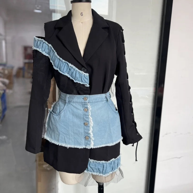 Stylish Patchwork Denim Mini Dresses Lace Deep V-neck Jacket Sexy Irregular Casual-chic Sexy Edgy Top Designers Streetwear