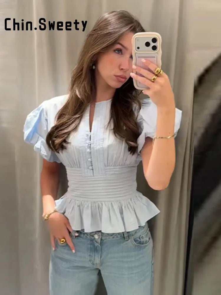 Elegant Puff Sleeve Cinched Waist Solid Color Blouse for Women