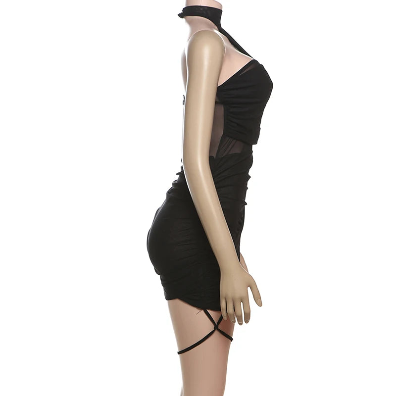 Sheer Cross Bandage Backless Halter Mini Dress for Women