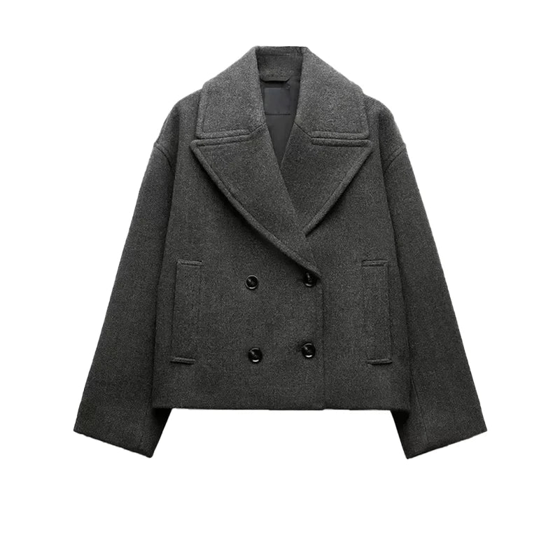 Double Breasted Cropped Jacket With Turn Down Collar for Women