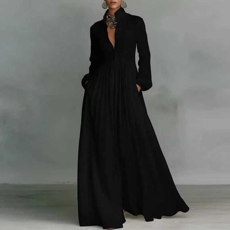 Elegant High Waist Pleated Long Sleeve Maxi Dress for Women