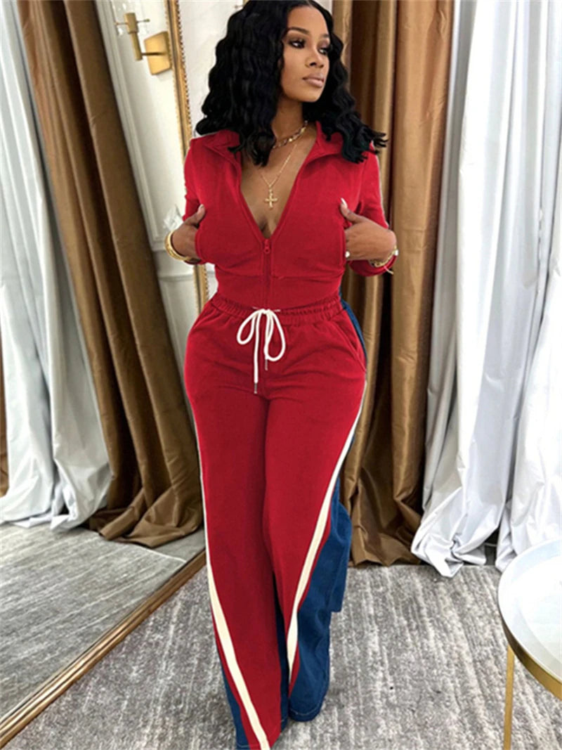 Colorblock Zip Top And Patchwork Pants Set for Women