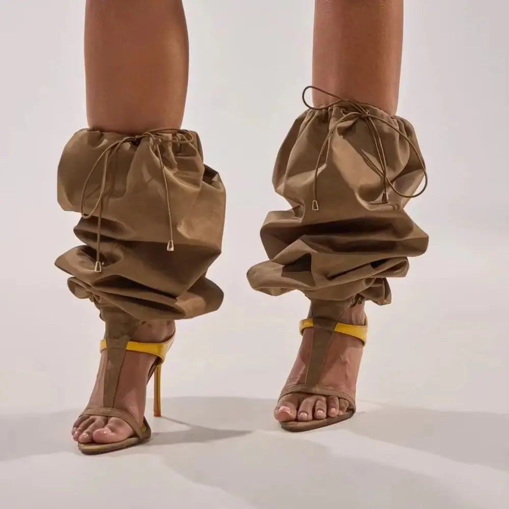 Two-Tone Yellow and Taupe T-Strap Stiletto Sandals for Women