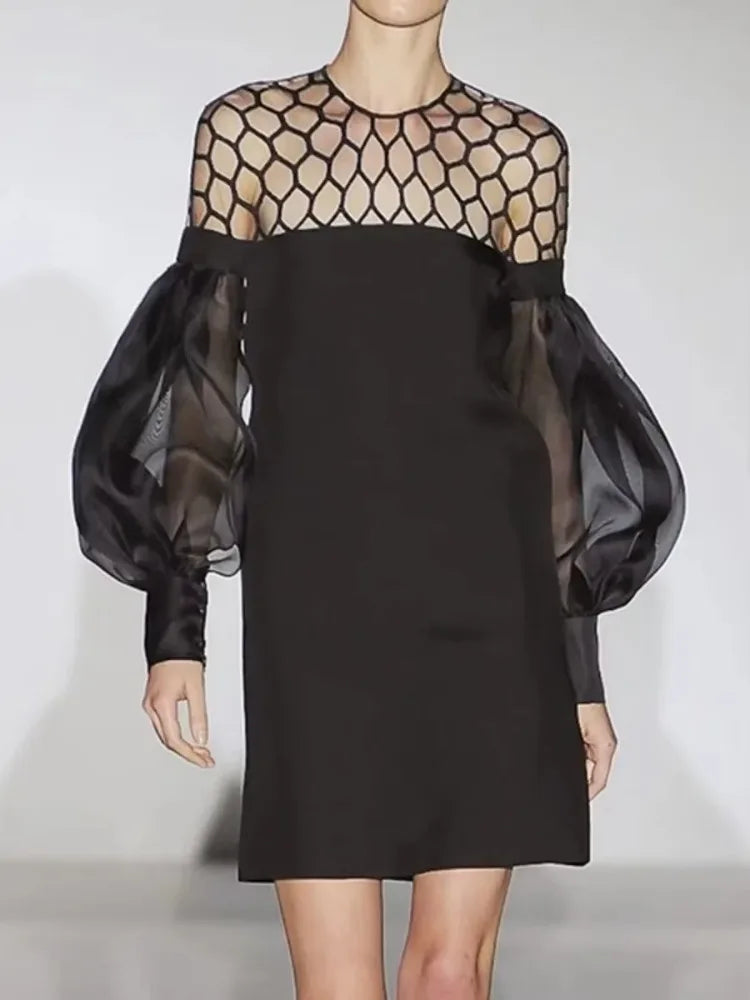 UOOZEE Urban Female Fashion Hollow O-Neck Party Evening Mini Dresses 2025 New See-through Puff Sleeve Elegant Office Black Dress
