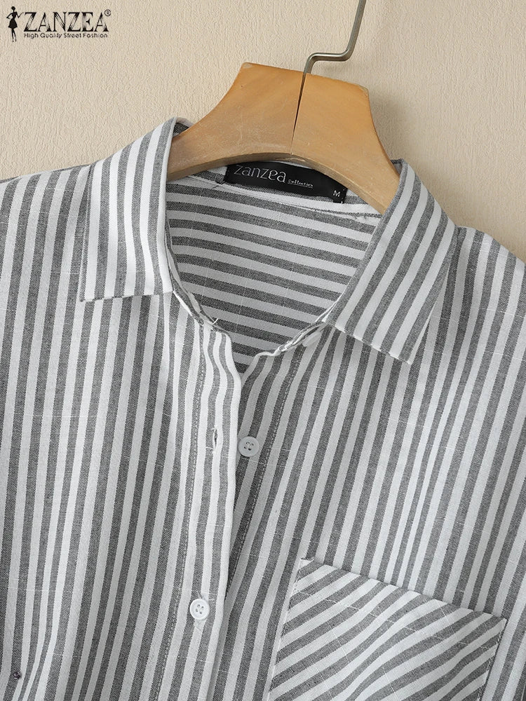 ZANZEA Women Casual Striped Shirts 2025 Summer 3/4 Lantern Sleeves Turn-Down Collar Chemises Femme Commute Office Work Tops