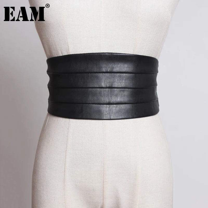 [EAM]  Multicolor Black Red Pu Leather Elastic Wide  Belt Personality Women New Fashion Tide All-match Spring 2025 1U221